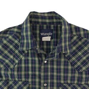 Wrangler Western Shirt Mens M Green Blue Plaid Pearl Snap Long Sleeve Cowboy
